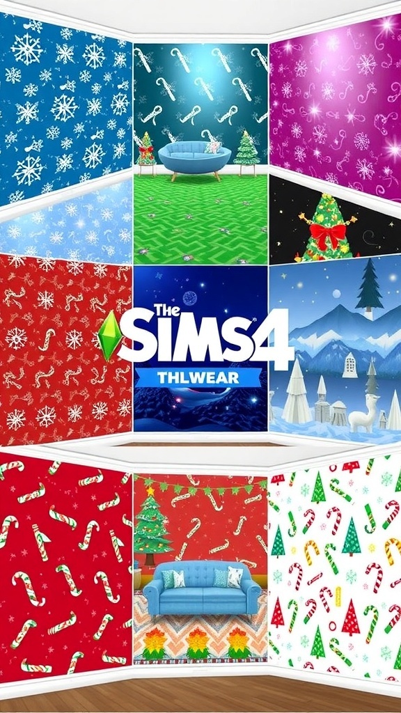 Sims 4 Christmas Wallpaper Collection A collection of Sims 4 Christmas wallpapers displayed in a virtual room setting.